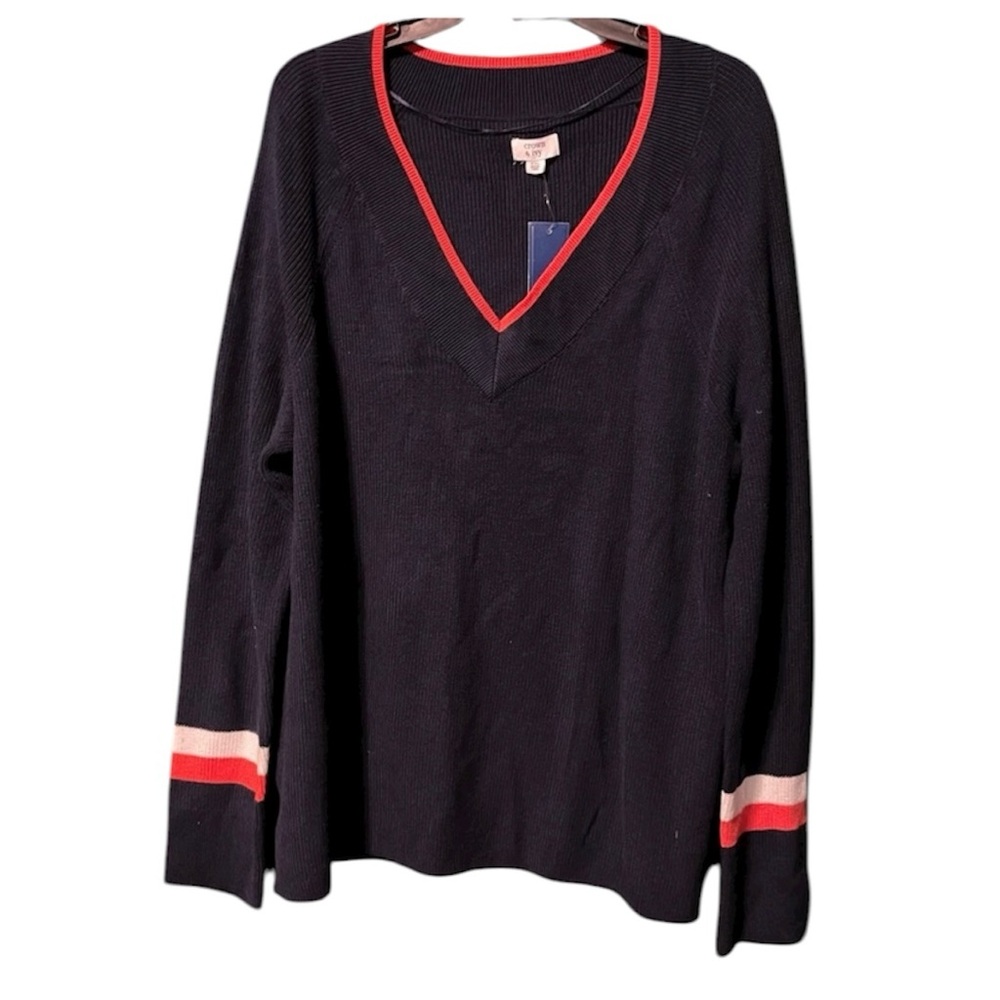 NWT Crown&Ivy XXL Woman’s Sweater Deep V-Neck Navy Blue Red&White Trim Plus Size